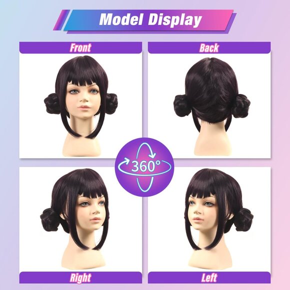 Short Black Purple Cosplay Wig with 2 Buns for Halloween KIDS SIZE
